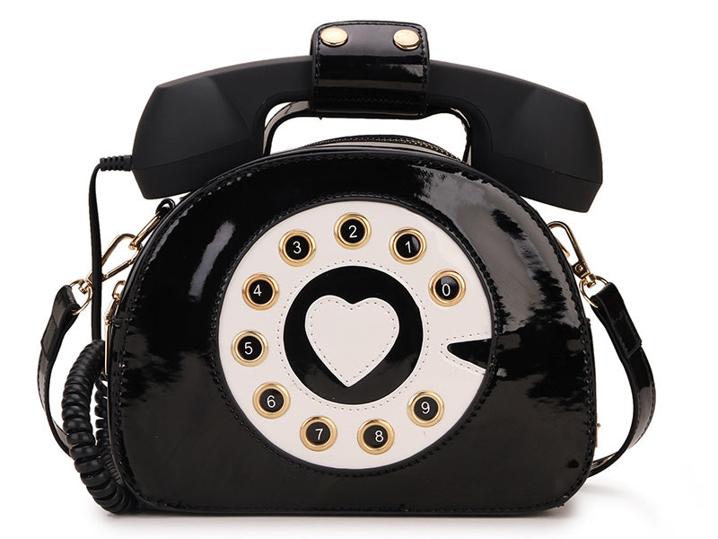 Sac téléphone fille mignon en forme de téléphone vintage noir avec cœur blanc et anse