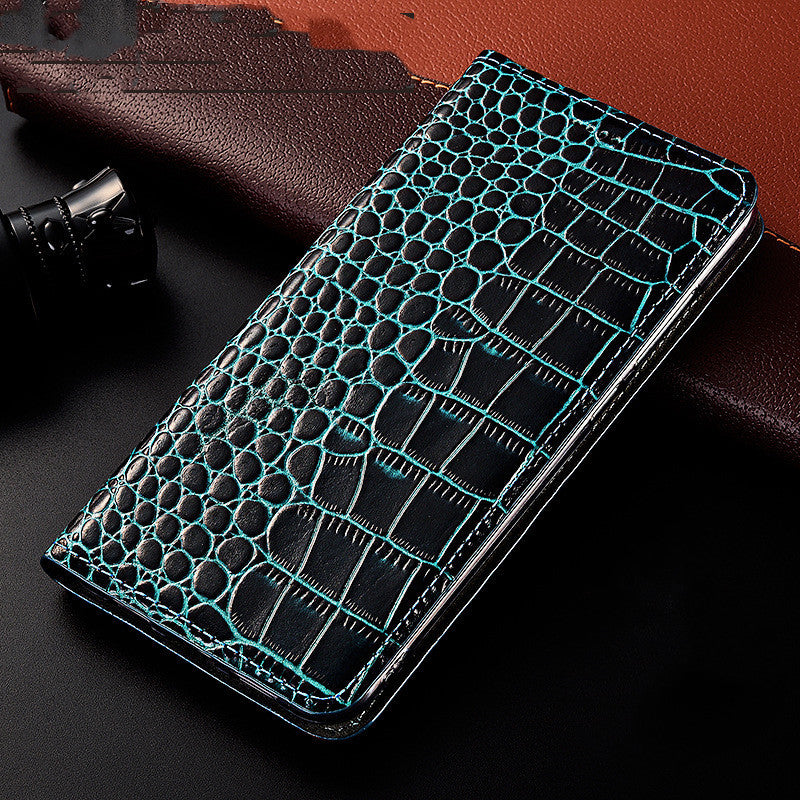 Étui téléphone cuir haut de gamme effet croco noir avec coutures turquoise de Liaisondirecte.com