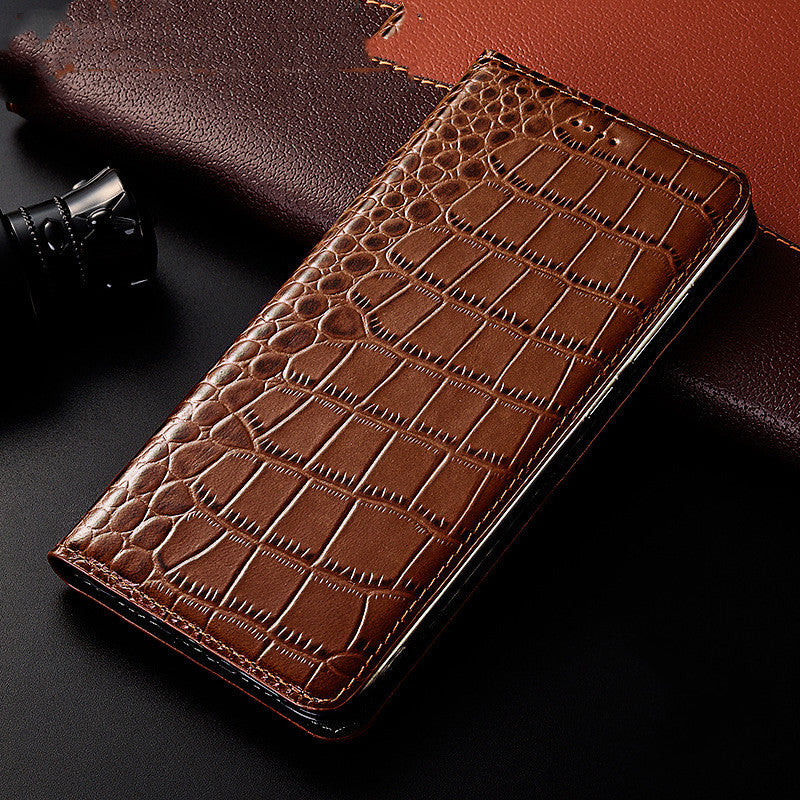 Étui téléphone cuir haut de gamme marron avec texture crocodile pour protection élégante