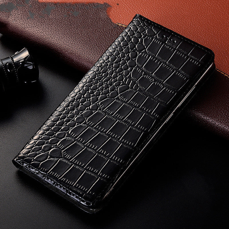 Étui téléphone cuir haut de gamme noir texturé effet croco pour protection élégante