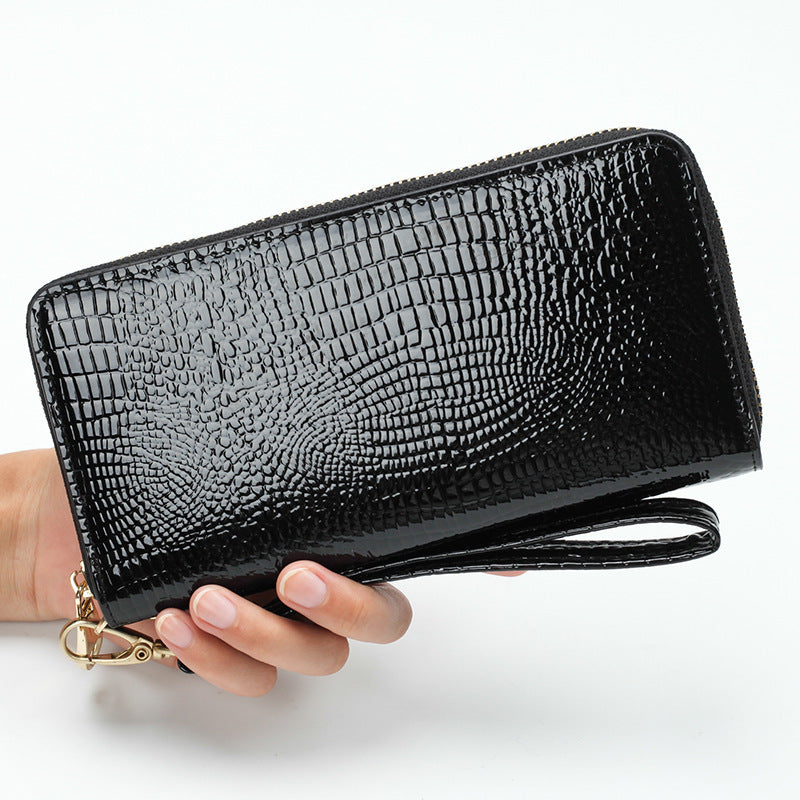 Porte feuille Liaisondirecte com noir brillant style crocodile étui téléphone cuir verni avec fermeture éclair