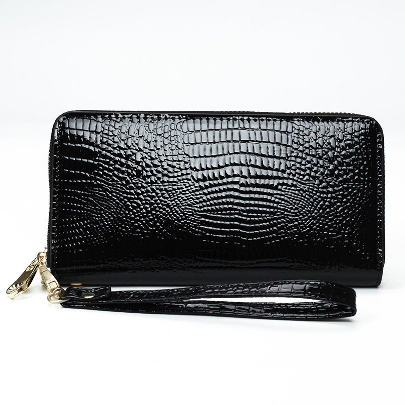 Porte feuille noir avec étui téléphone cuir verni effet croco et bracelet poignet