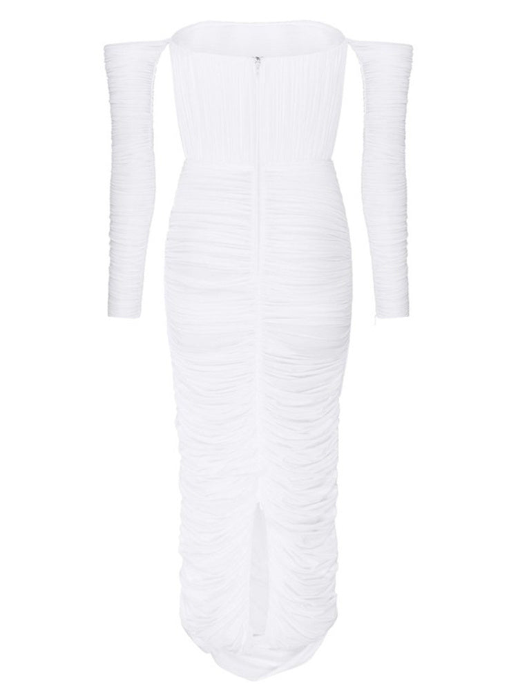 Robe élégante en soie glacée pour femme blanche à manches longues et détail froncé