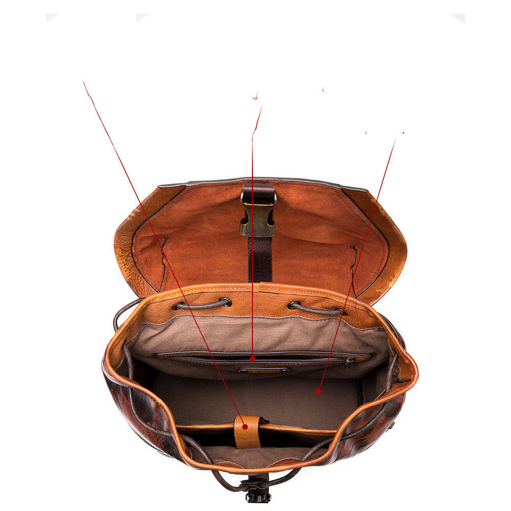 Sac à dos en cuir haut de gamme ouvert montrant compartiments intérieurs pour organisation