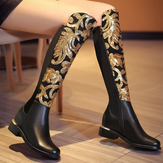 Bottes cavalières en cuir de vache à motifs dorés