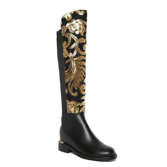 Bottes cavalières en cuir de vache à motifs dorés