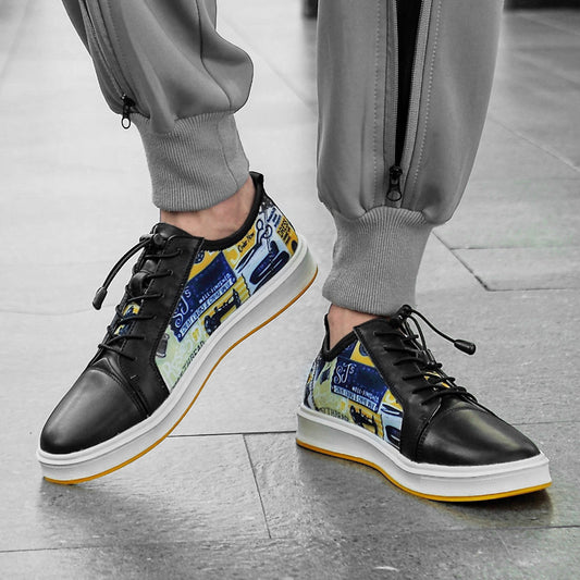 Chaussures basses en cuir homme noires avec motifs colorés et semelle blanche pour un style urbain