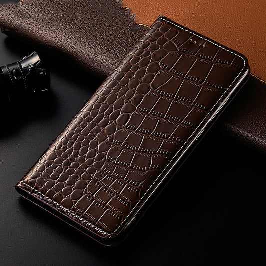 Étui téléphone cuir haut de gamme marron foncé avec texture crocodile élégant et couture fine
