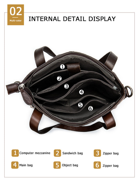 Intérieur du sac à main patchwork cuir pour PC avec plusieurs compartiments zippés et poches organisées