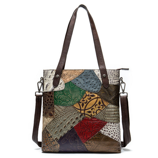 Sac à main patchwork cuir pour PC en cuir véritable multicolore avec bandoulière ajustable 