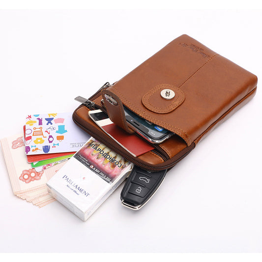 Sacoche vintage en cuir pour téléphone marron avec plusieurs compartiments et fermeture éclair